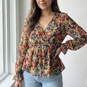 Multicolor Floral Long Sleeve Surplice Blouse with Ruffle Cuffs